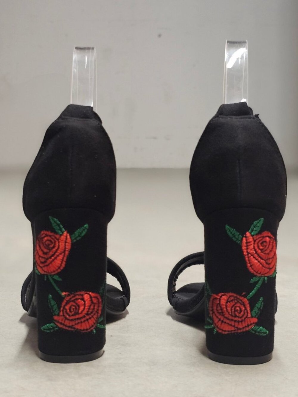 Black Faux Suede Block Heel Sandals With Rose Embroidery & Ankle Strap - Picture 12 of 13
